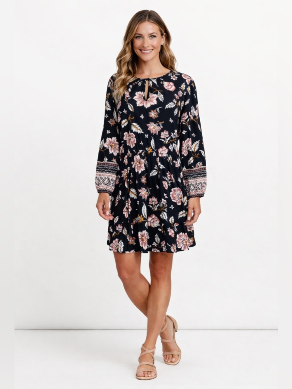Old Navy Floral Long Sleeve A Line Dress Keyhole Neck Black Pink Ivory Size M